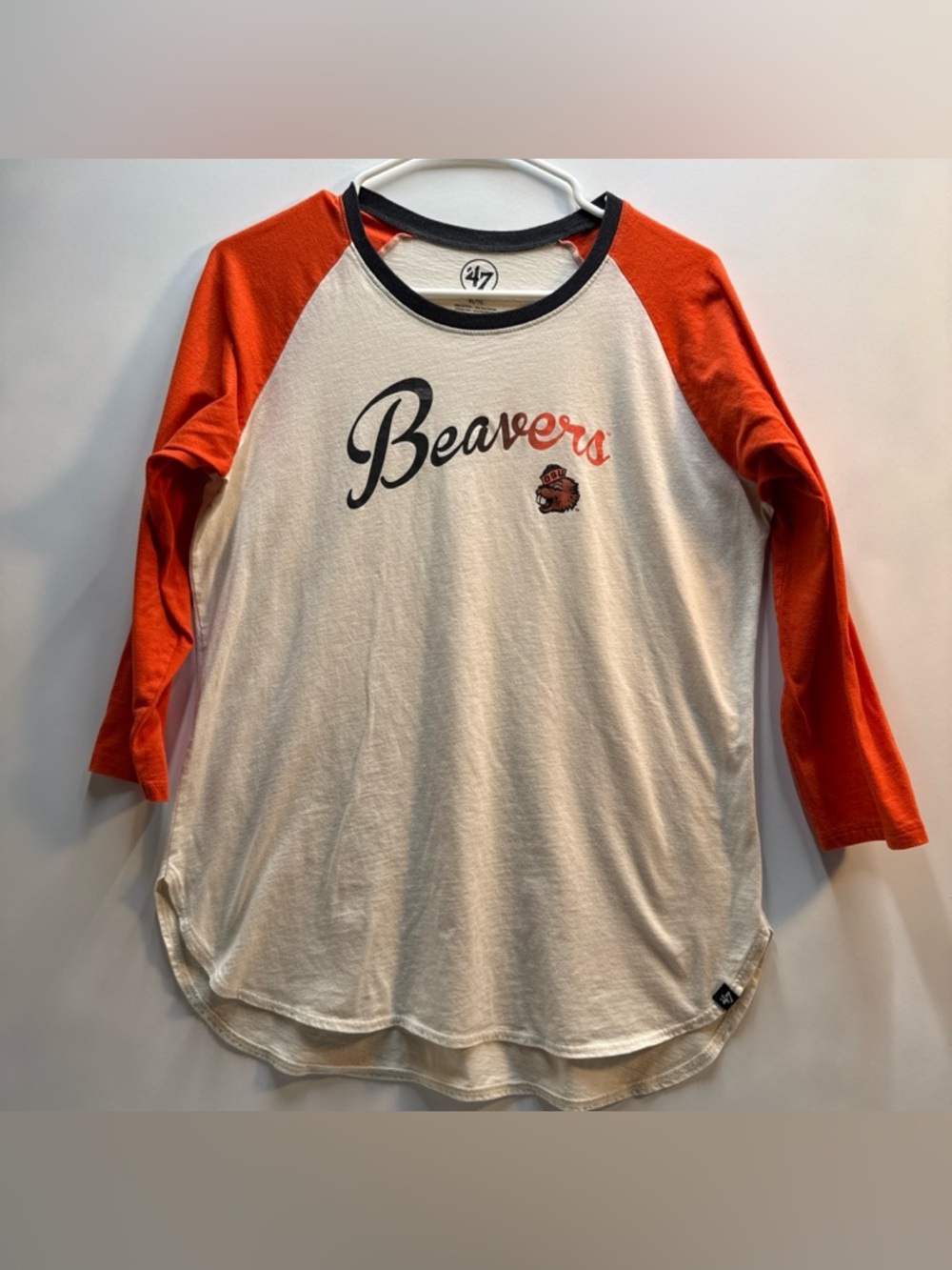 47’ Men’s Oregon State Beavers 3/4 Sleeve White and Orange Baseball Shirt